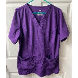 Adar Pro Scrubs Top Womens XL Purple V Neck Zippered Pocket Short Sleeved